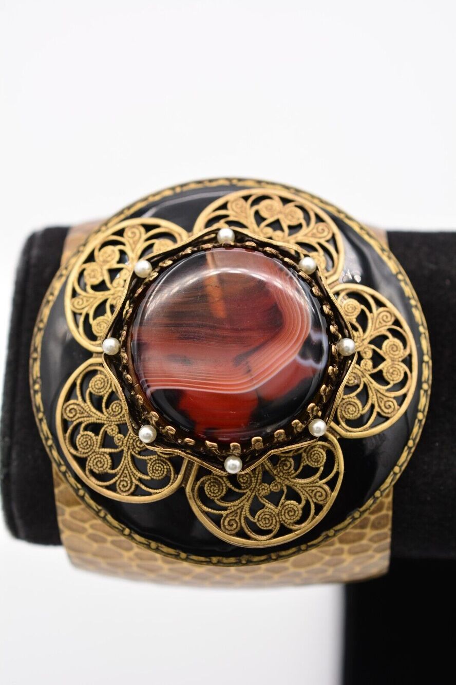 Ollipop Vintage Cabochon Cuff Bangle Bracelet Brass Flower Chunky Signed Bin8